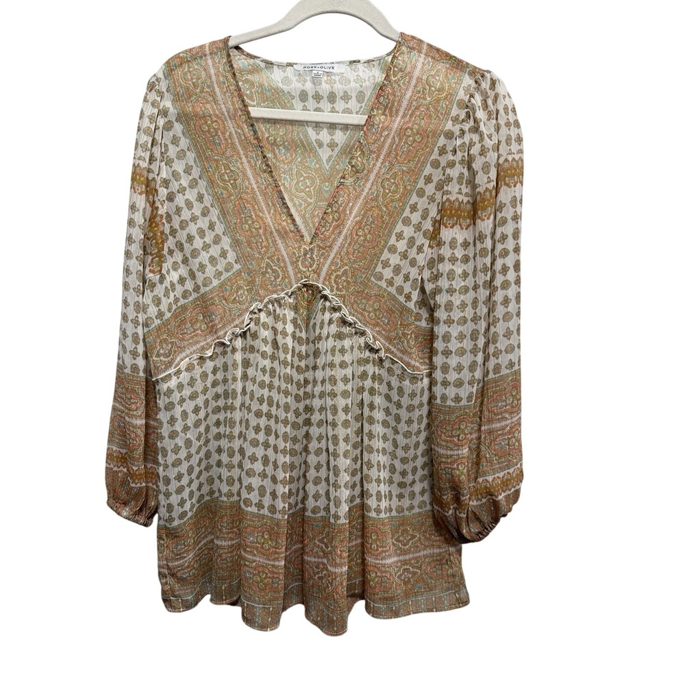 Rose & Olive Paisley Balloon Sleeve Peasant Blouse M Women's Sheer Metallic Top
